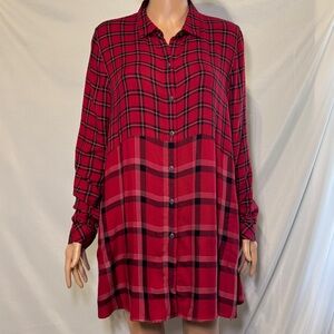 J.‎ JILL Red & Black Plaid Button Down Tunic Top Shirt Dress w/ Pockets Size MP